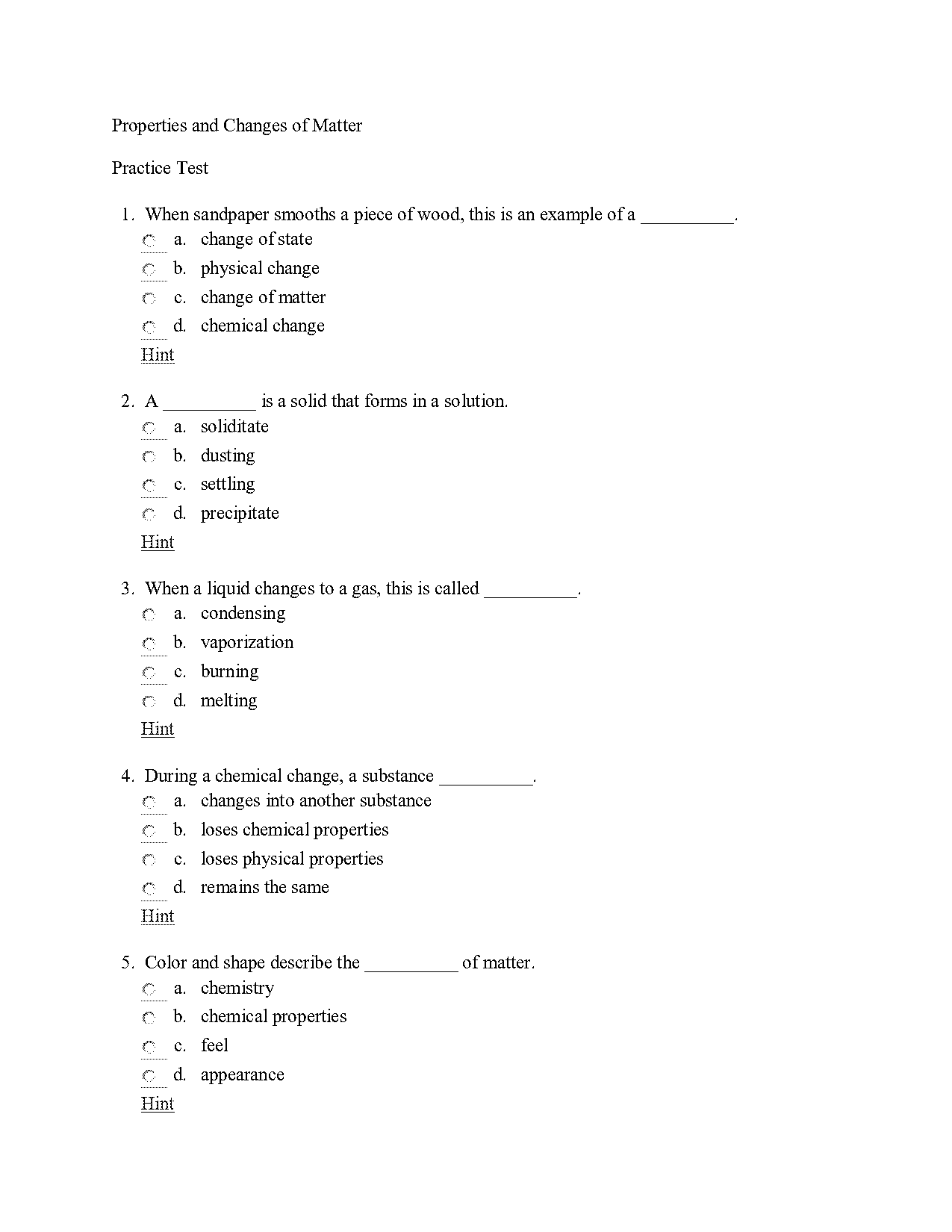 chemical and physical properties of matter test