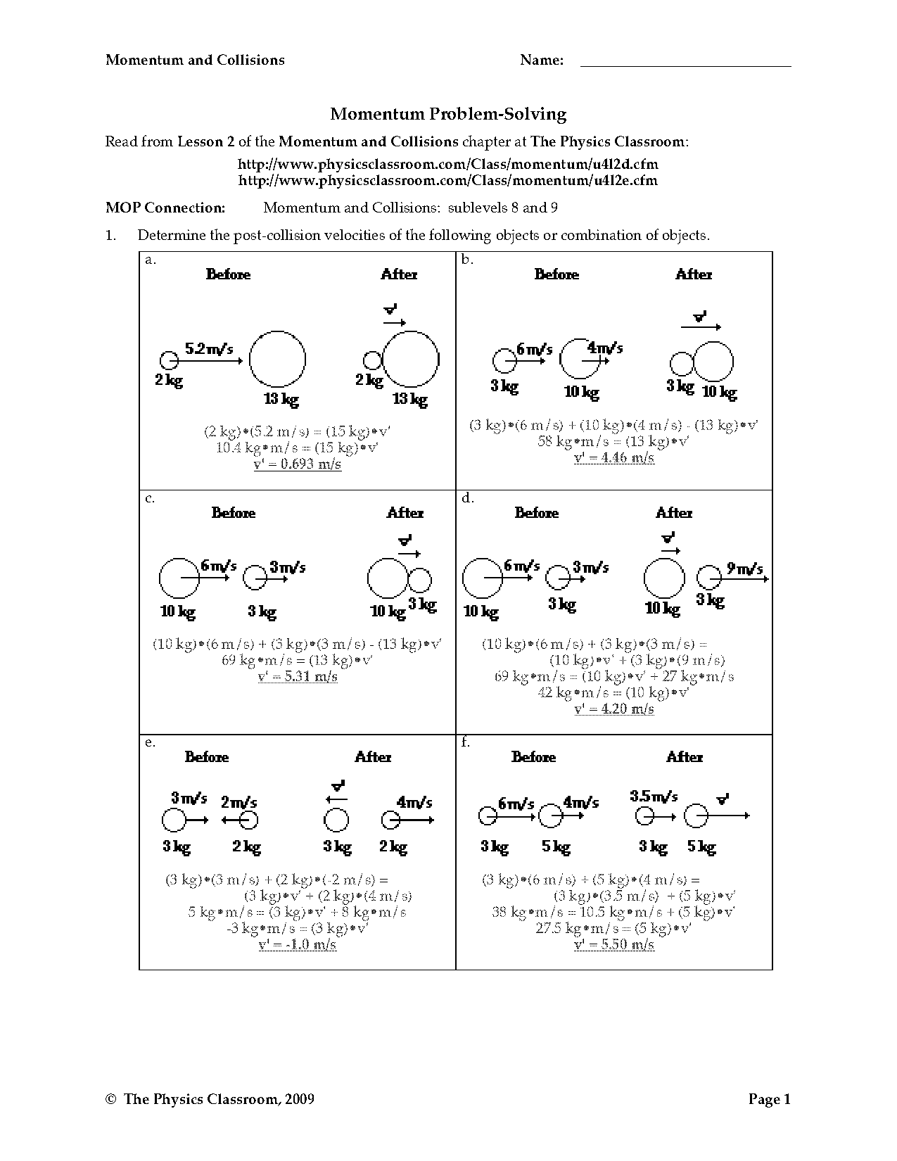 collision problems worksheet with answers