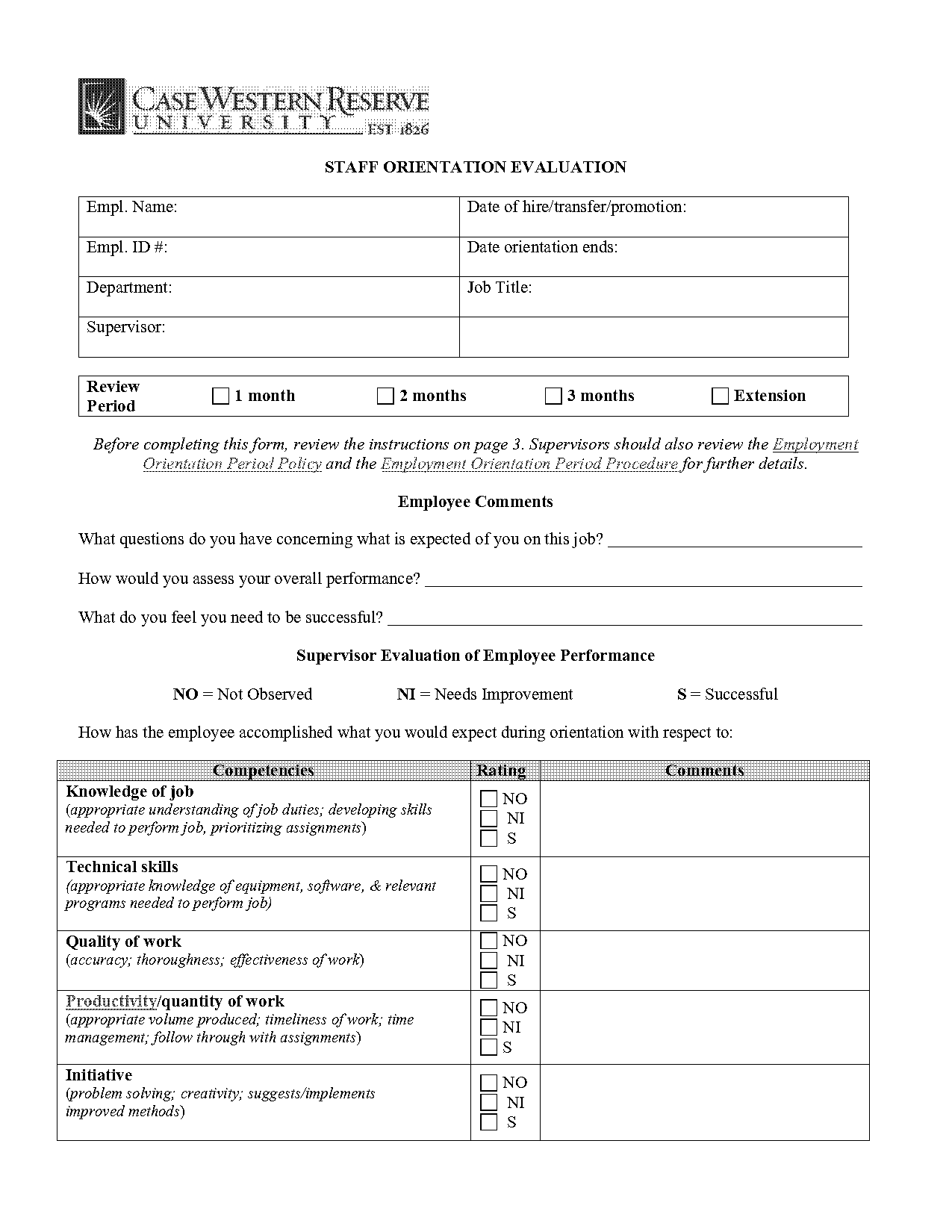 sample new employee orientation evaluation form