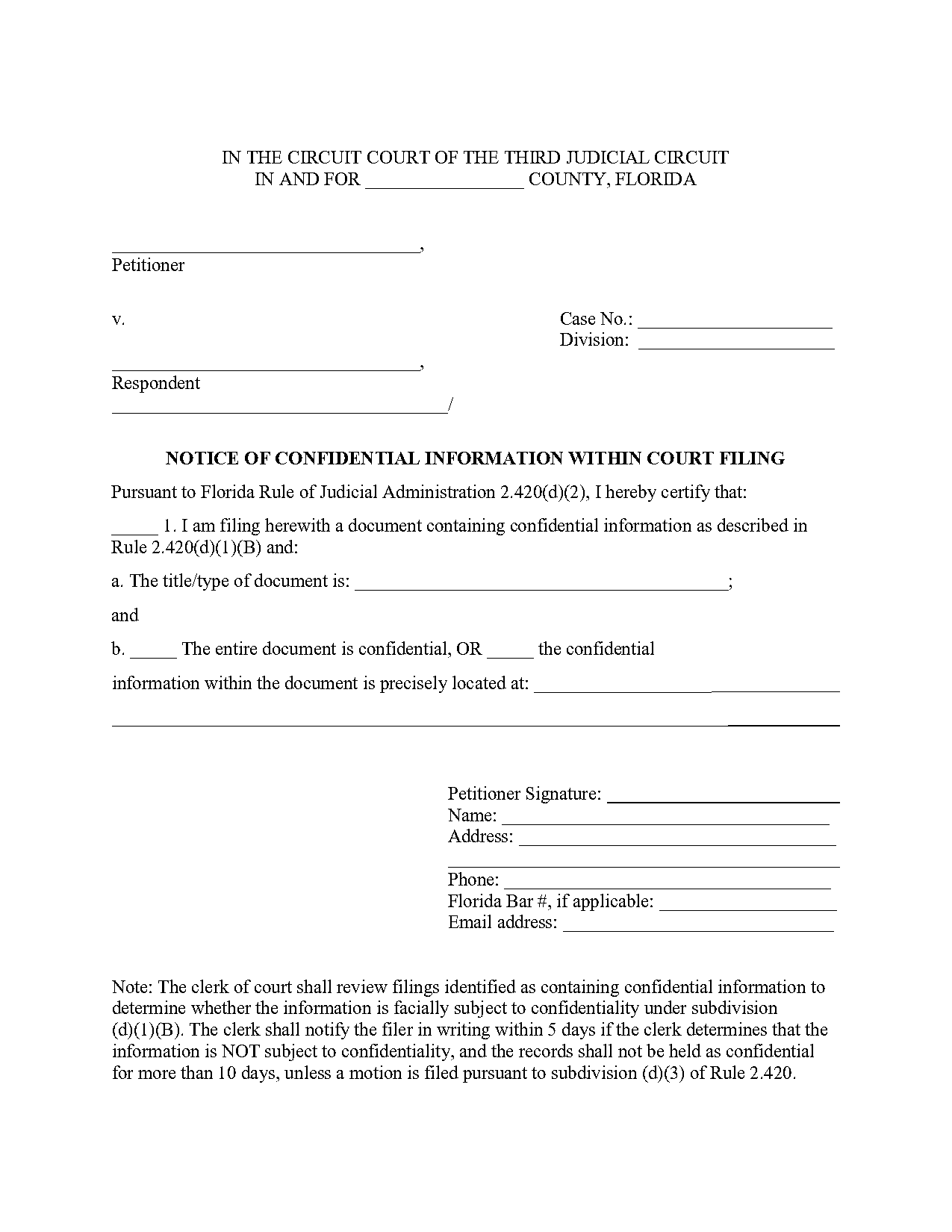 notice of confidential information within court filing doc