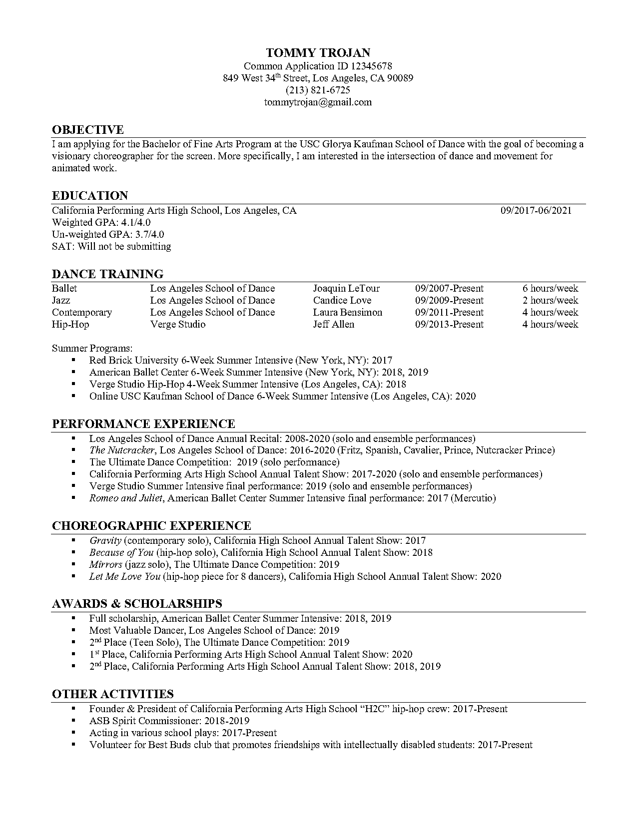 resume for performing arts school