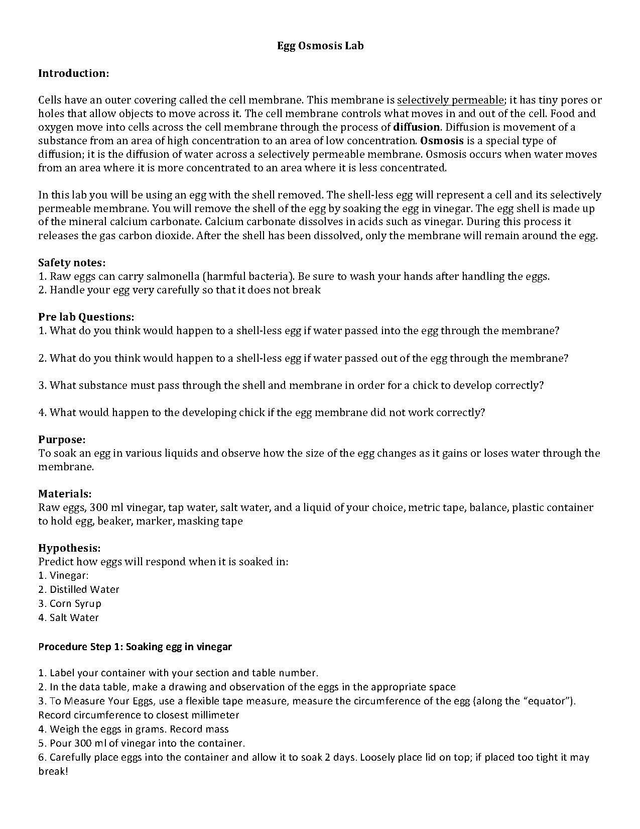 sample of osmosis egg lab report