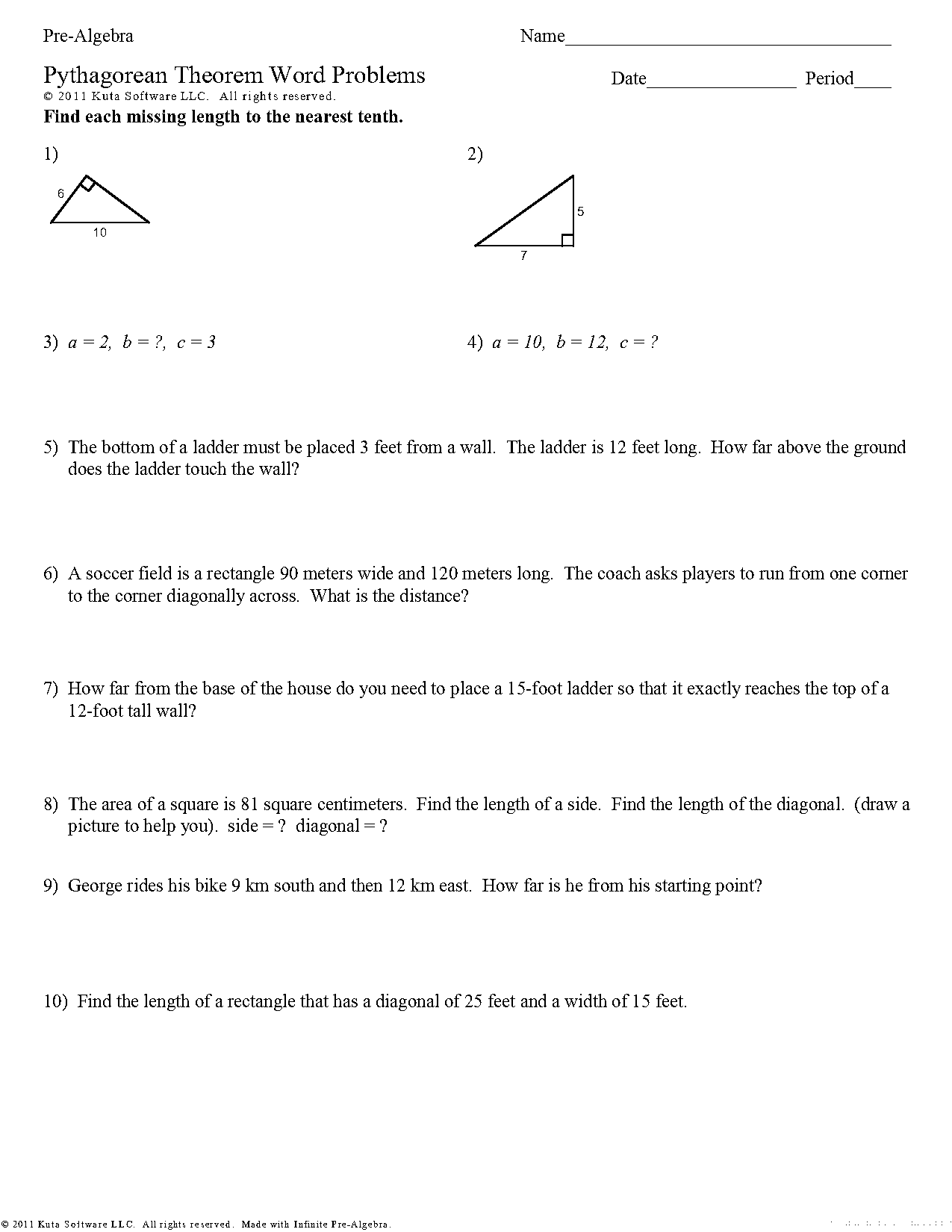 pythagorean theorem review word problems worksheet