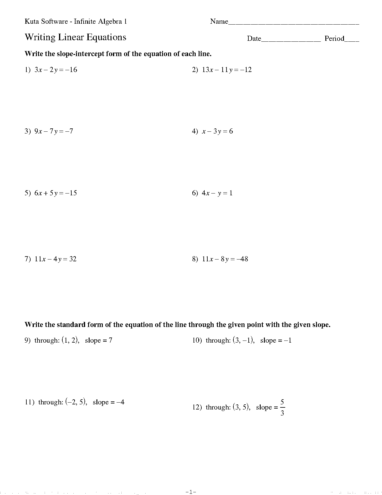 write the equation of a line parallel worksheet