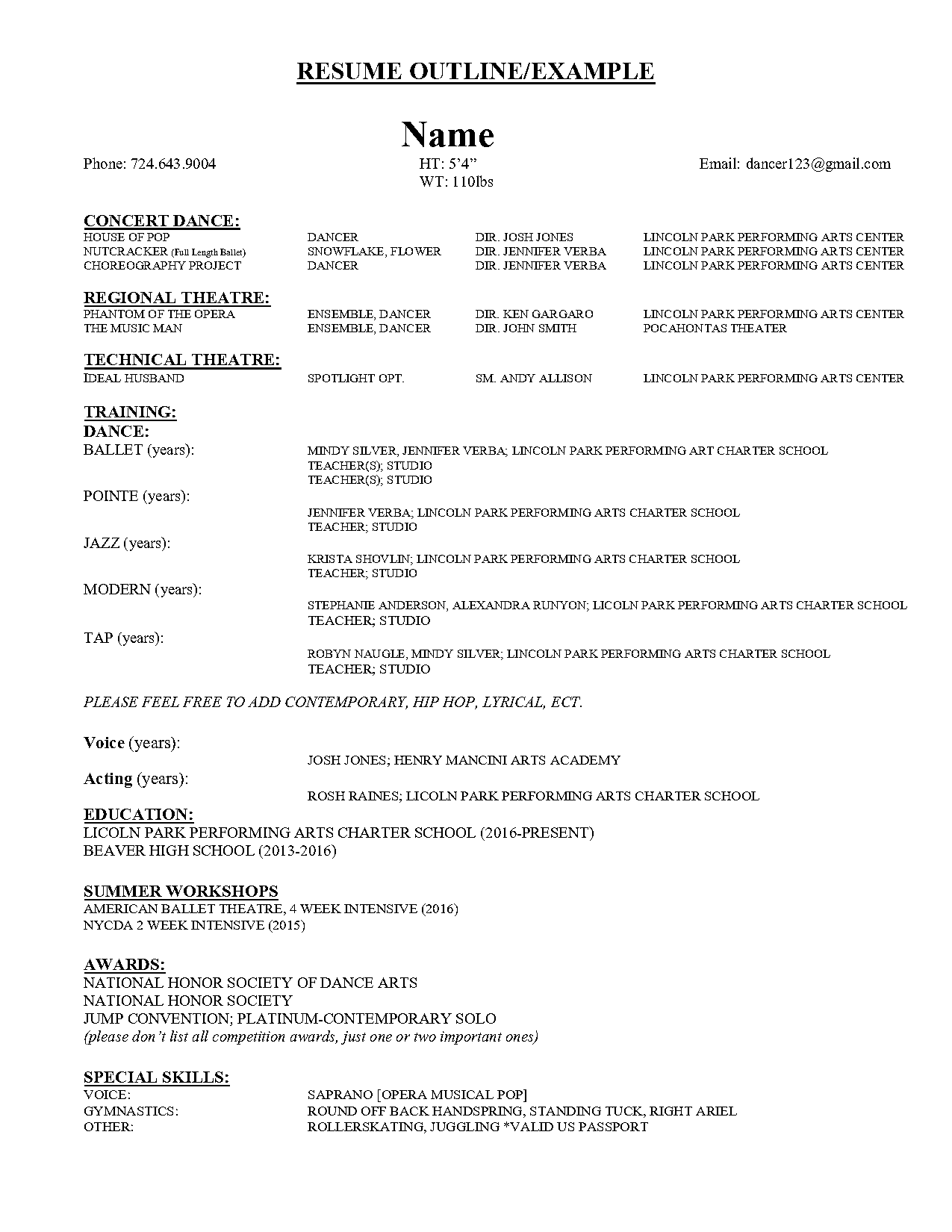 resume for performing arts school