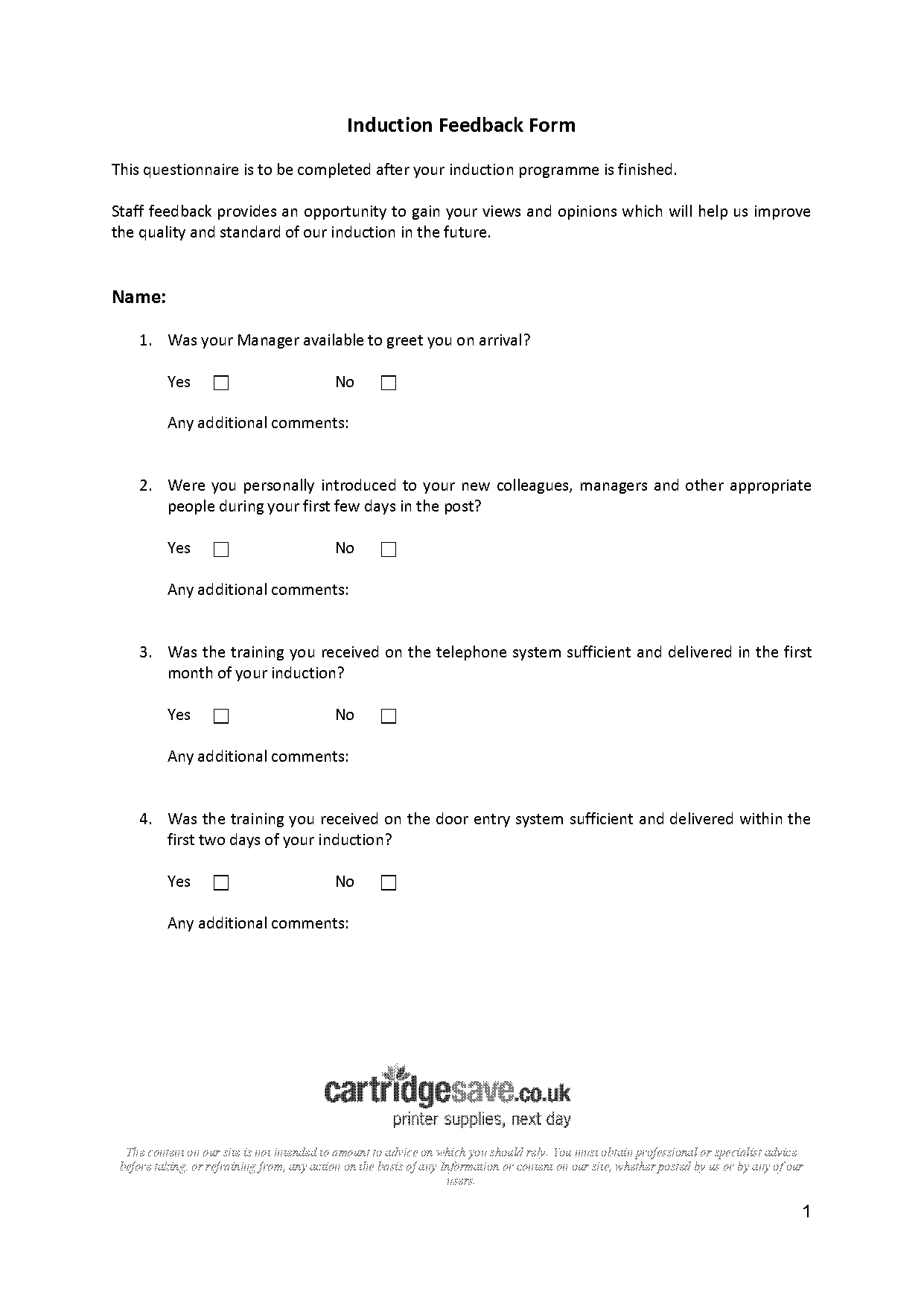 induction feedback questionnaire for new employees