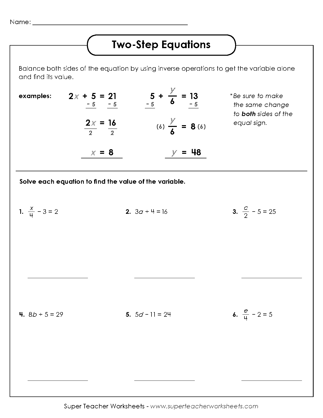 solving equations with two operations worksheet