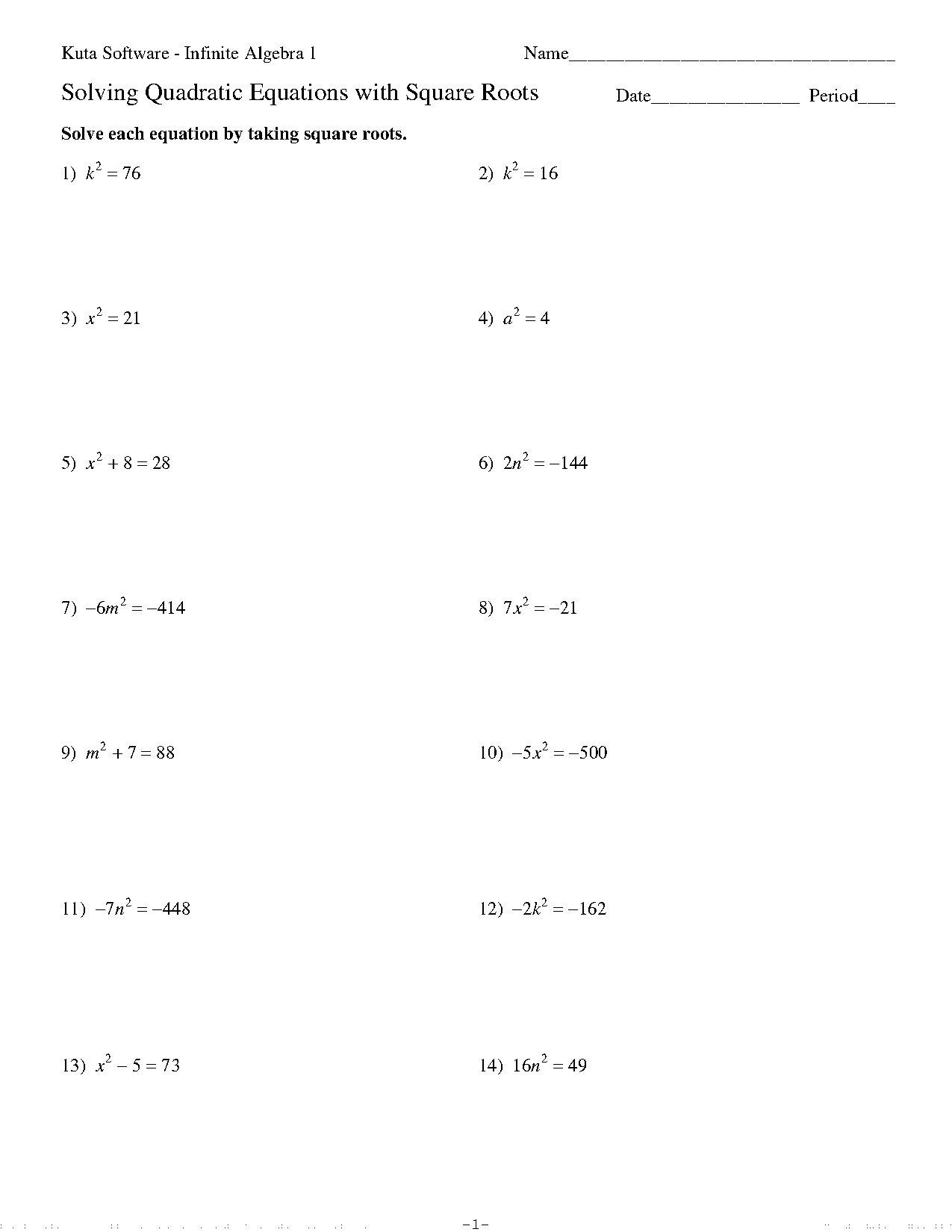 solving quadratic equations by square roots worksheet pdr