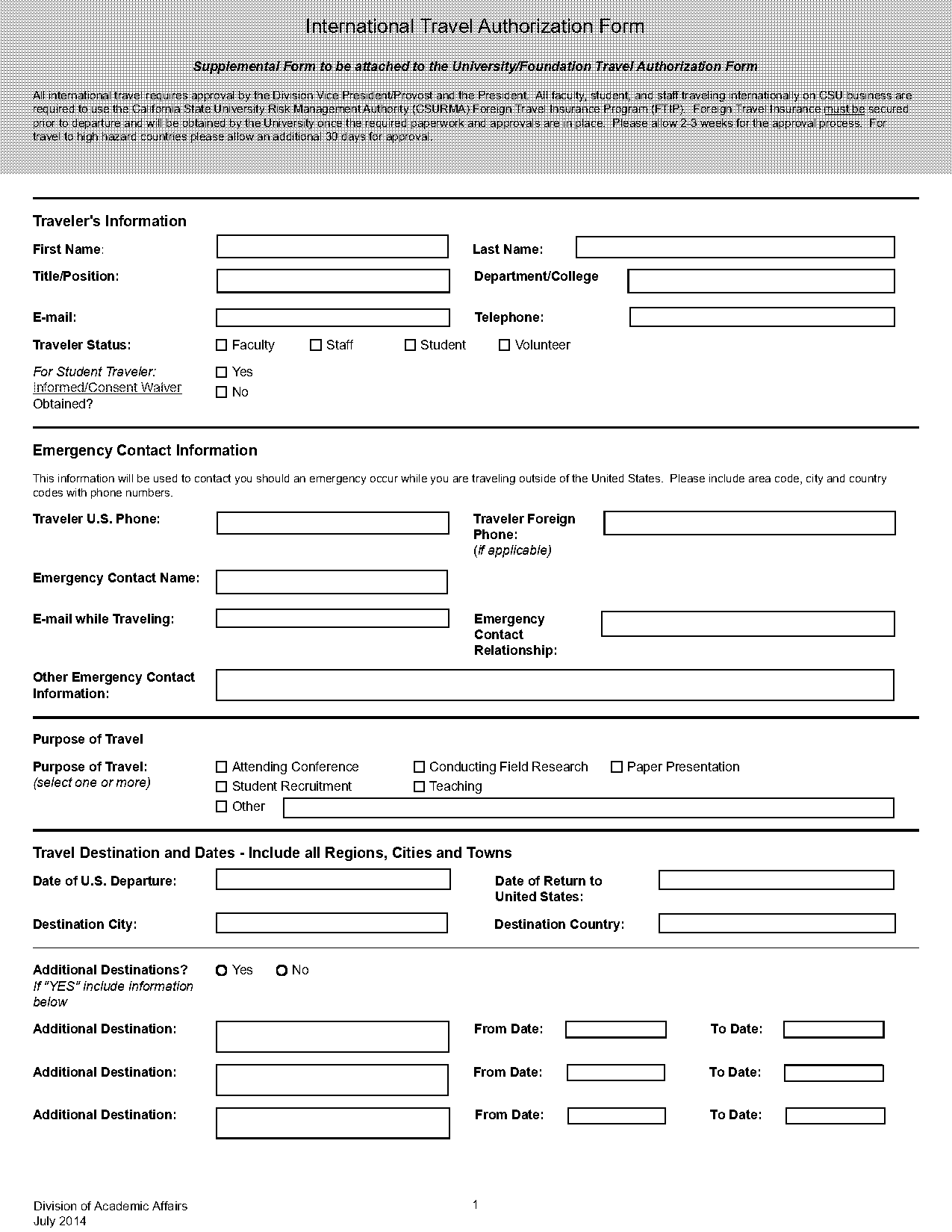 emergency contact form international travel