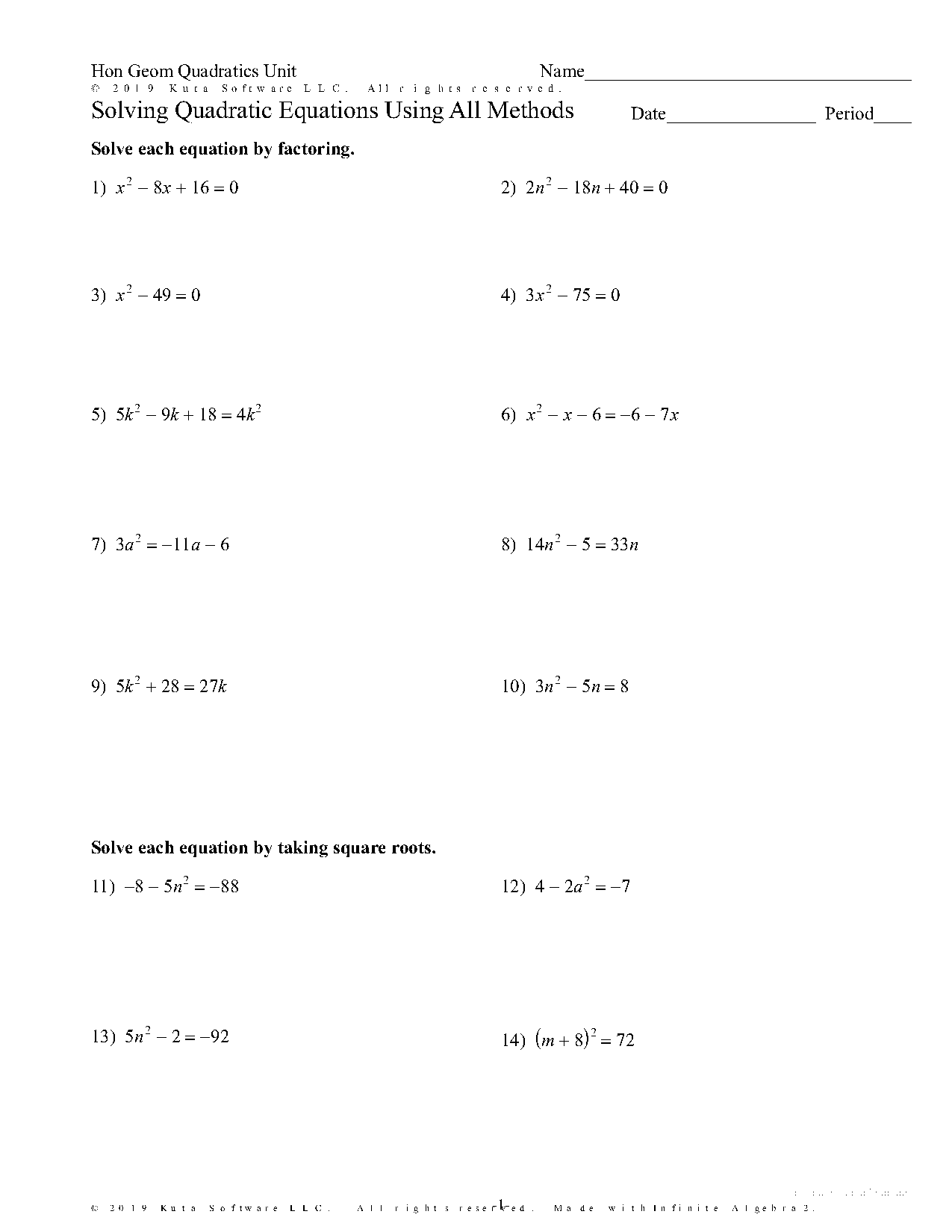 solving quadratic equations worksheet all methods doc