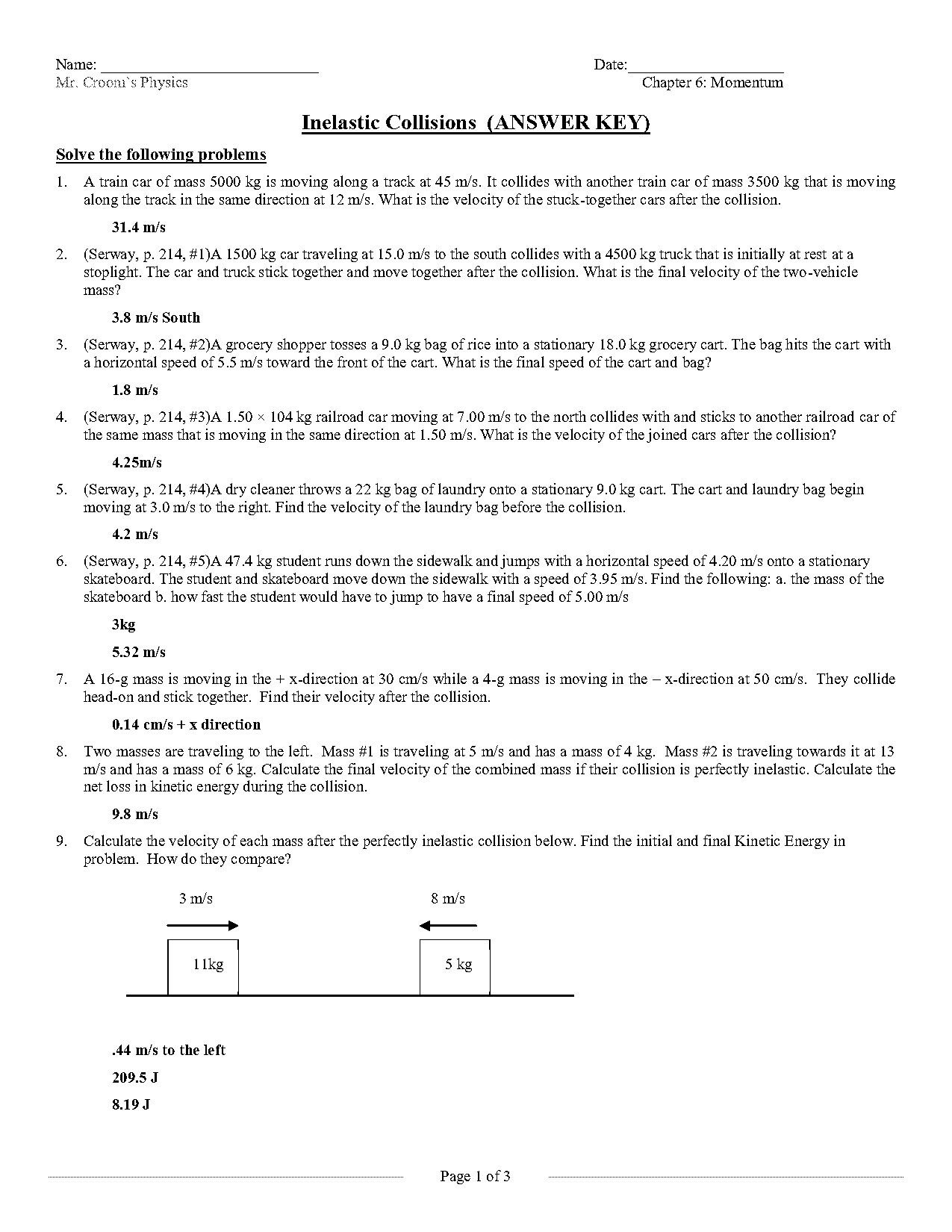 collision problems worksheet with answers