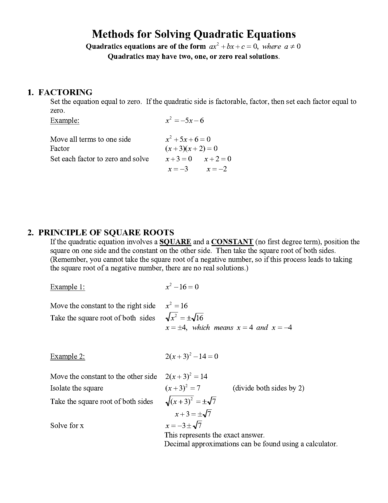 solving quadratic equations worksheet all methods doc