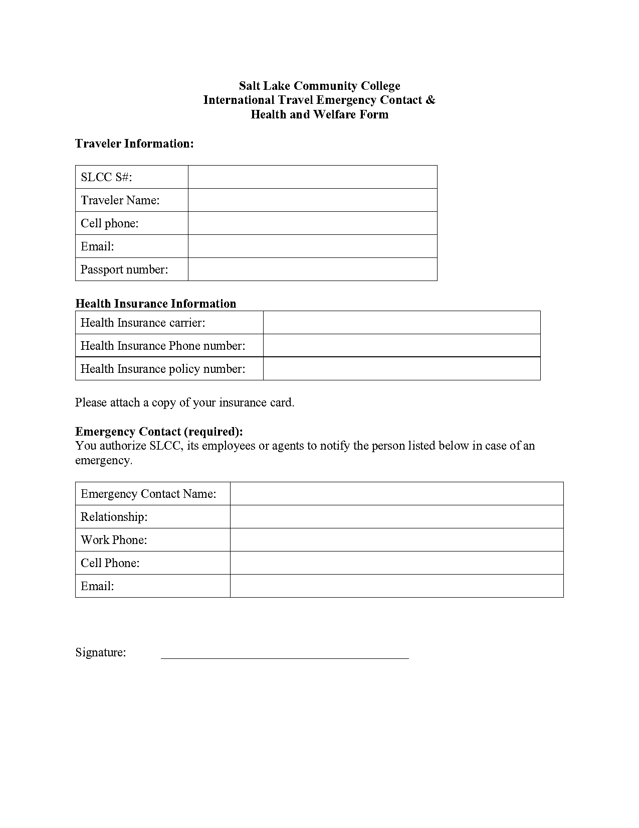 emergency contact form international travel