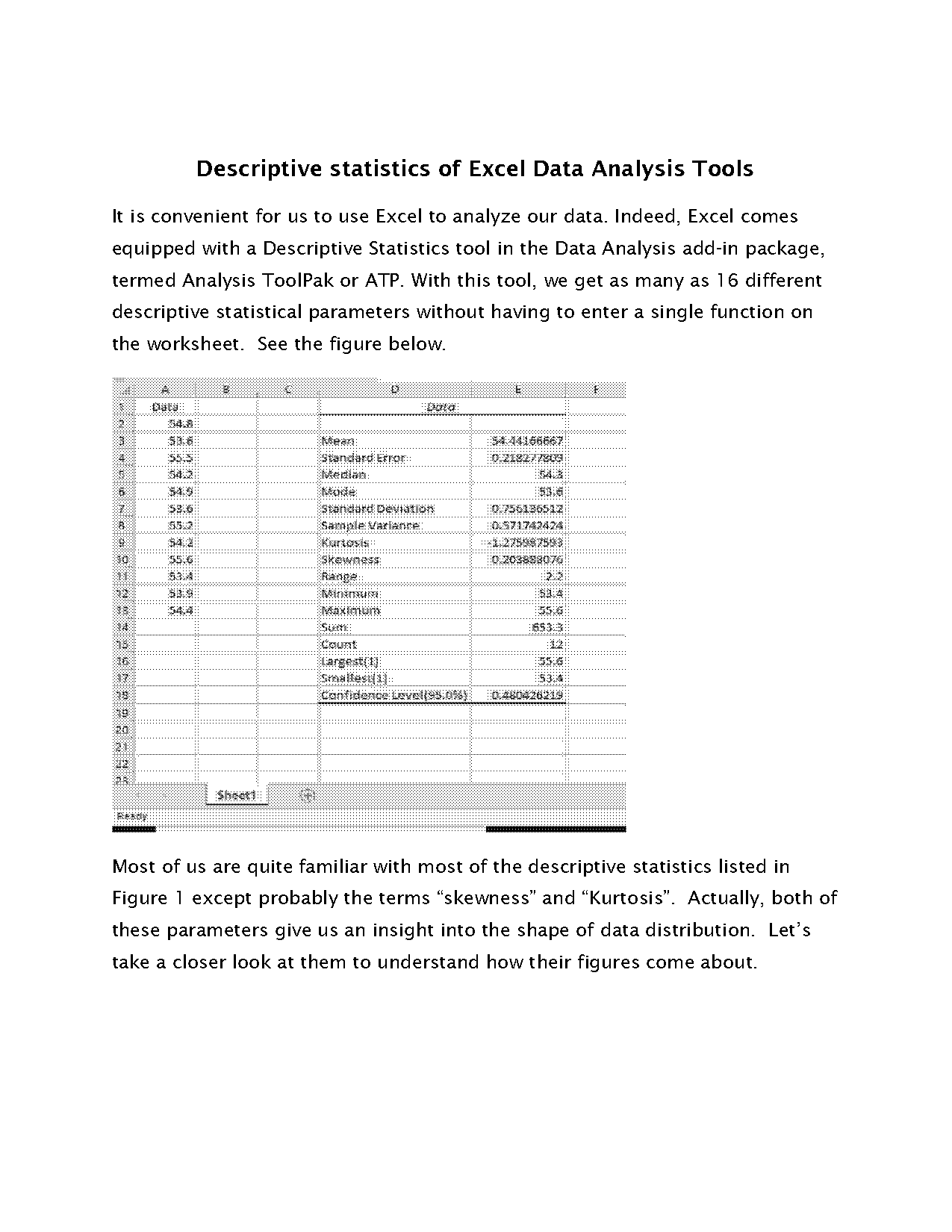 what is the sample skewness of the data excel