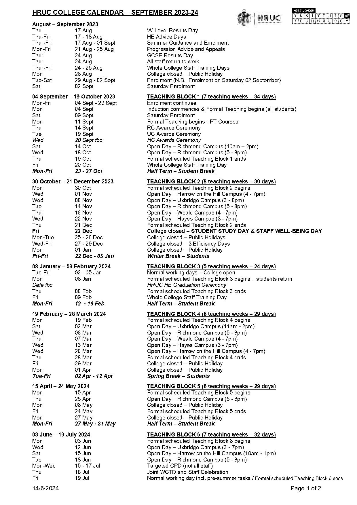 uxbridge college term dates uk