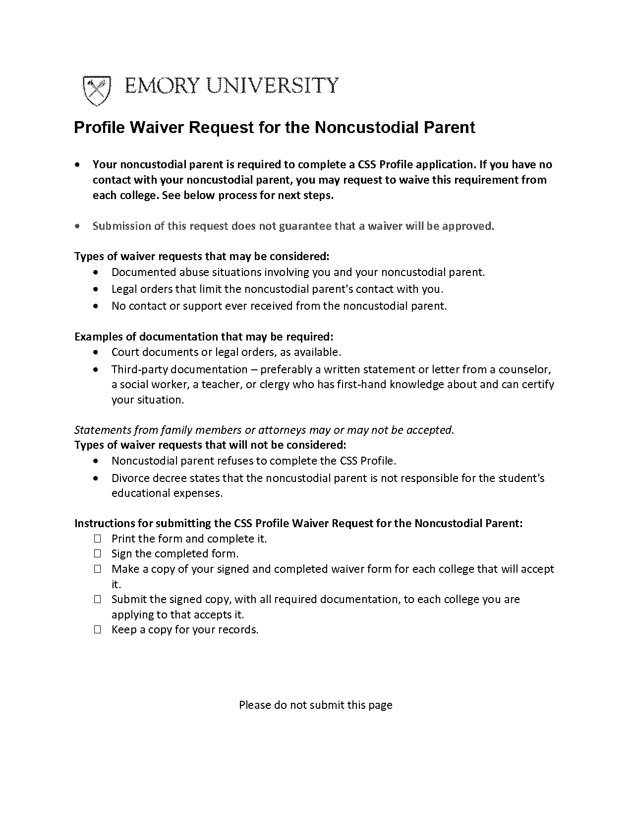 how to submit css waiver form for villanova