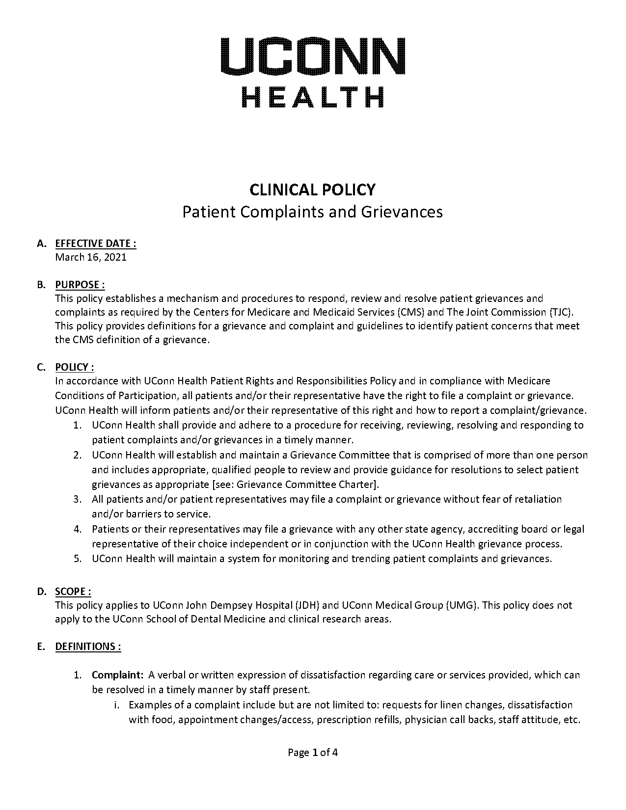 patient complaint policy and procedure