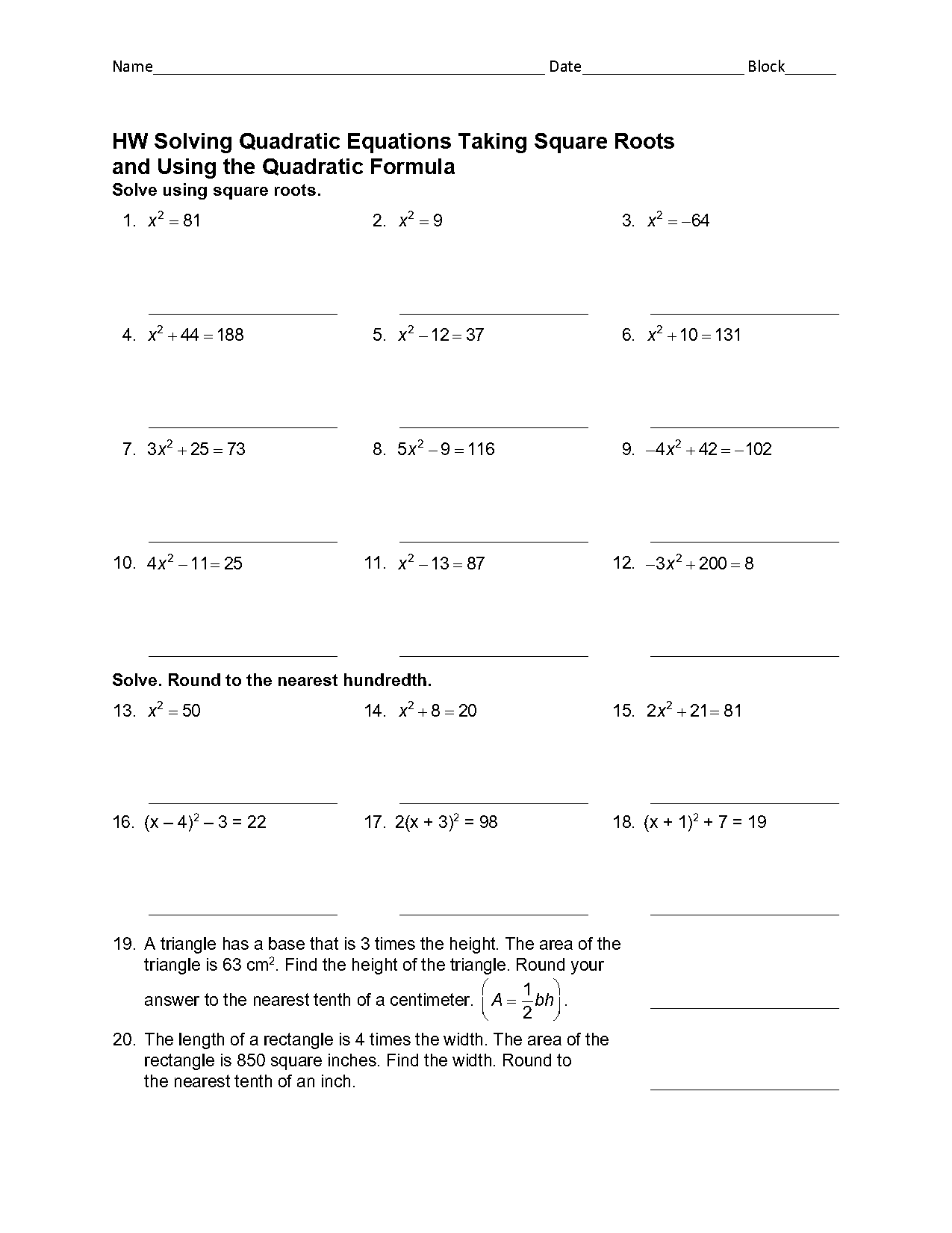 solving quadratic equations by square roots worksheet pdr