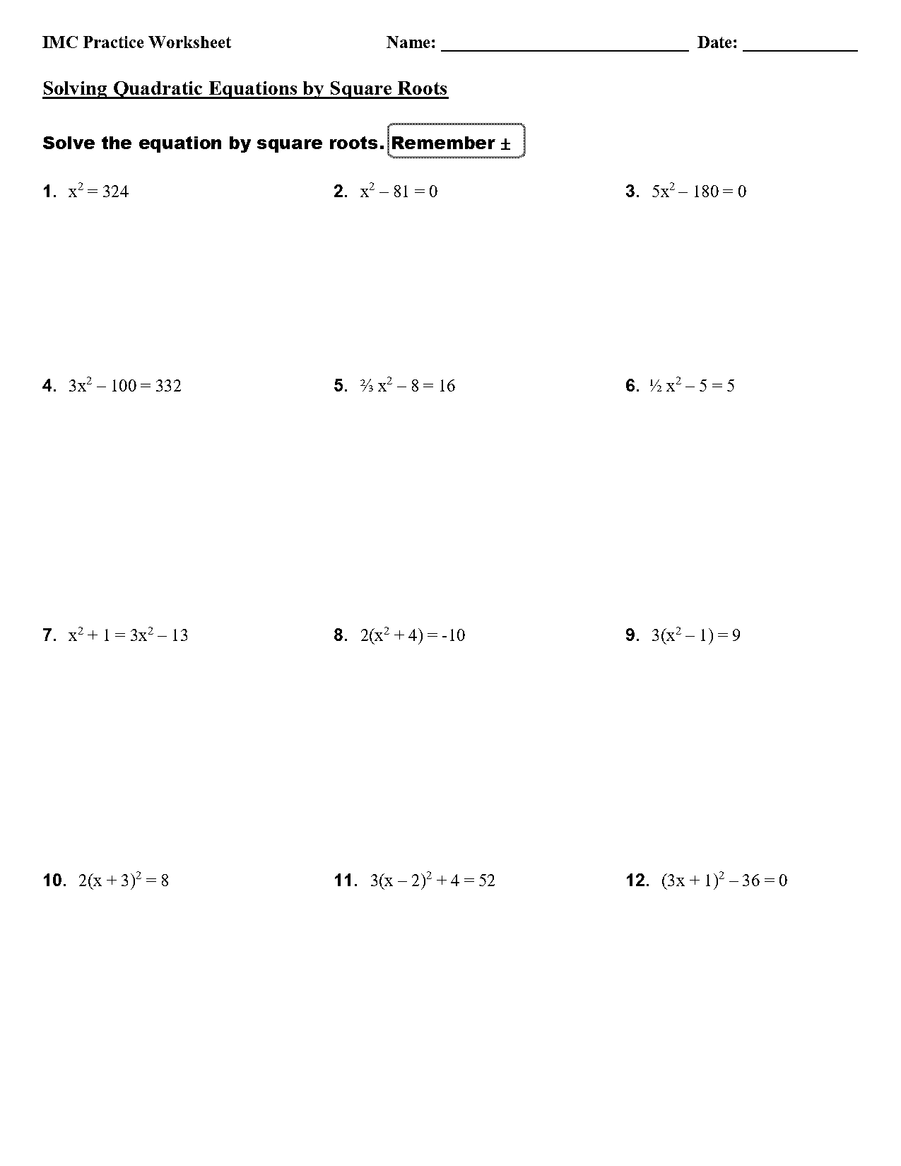 solving quadratic equations by square roots worksheet pdr