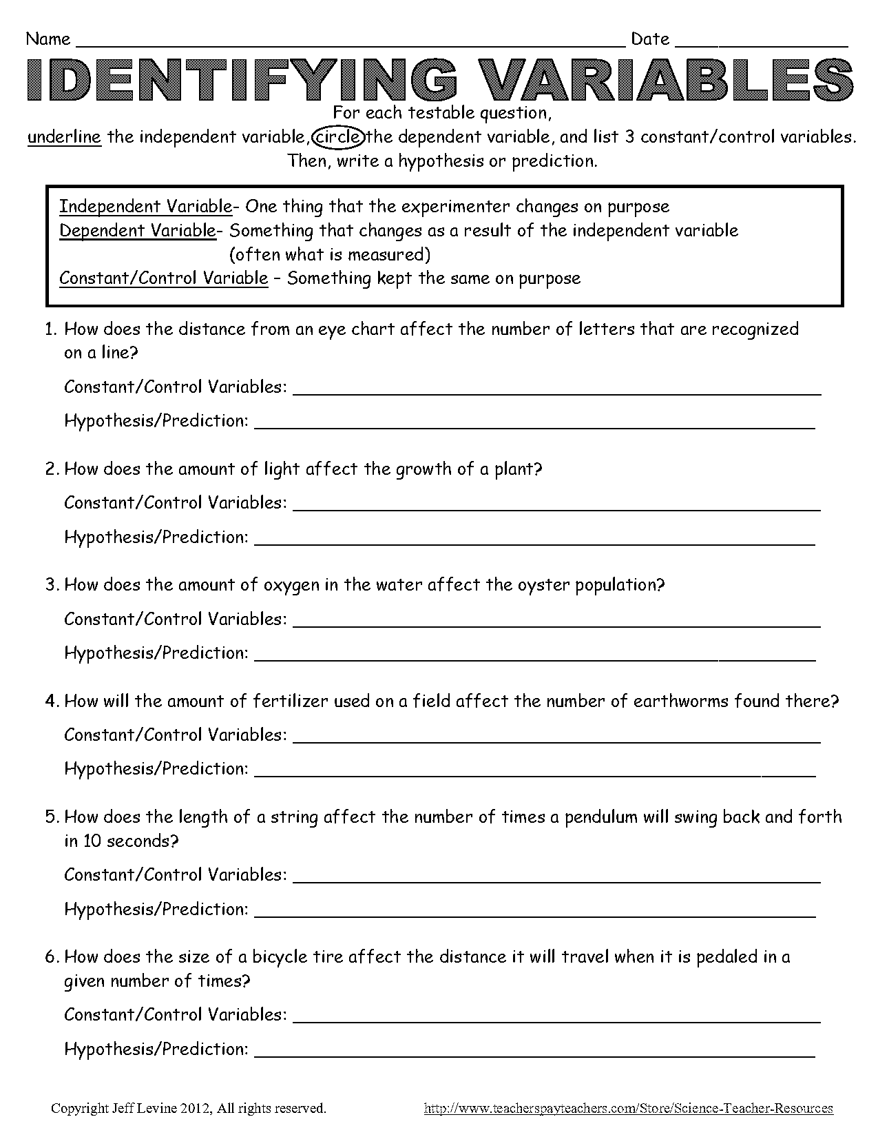 worksheet identifying the variables on the graphs