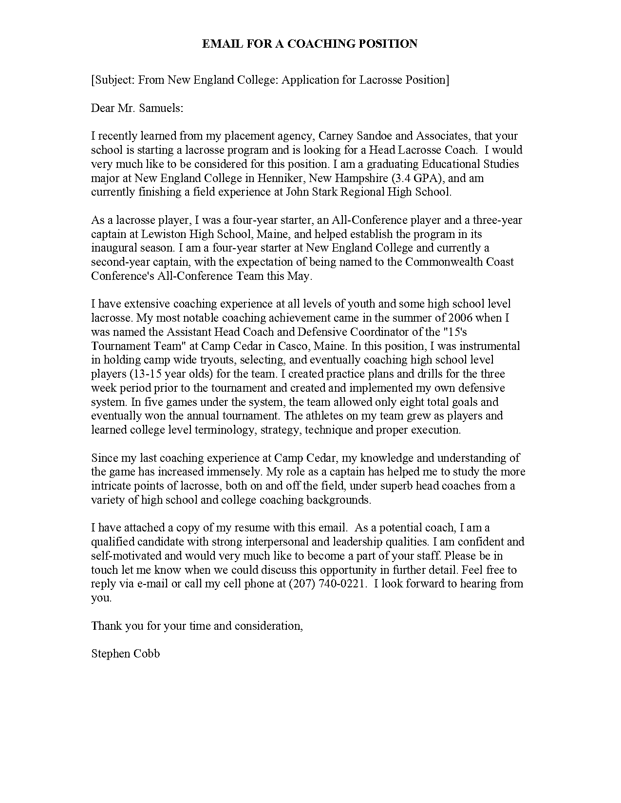 college basketball coaching cover letter sample