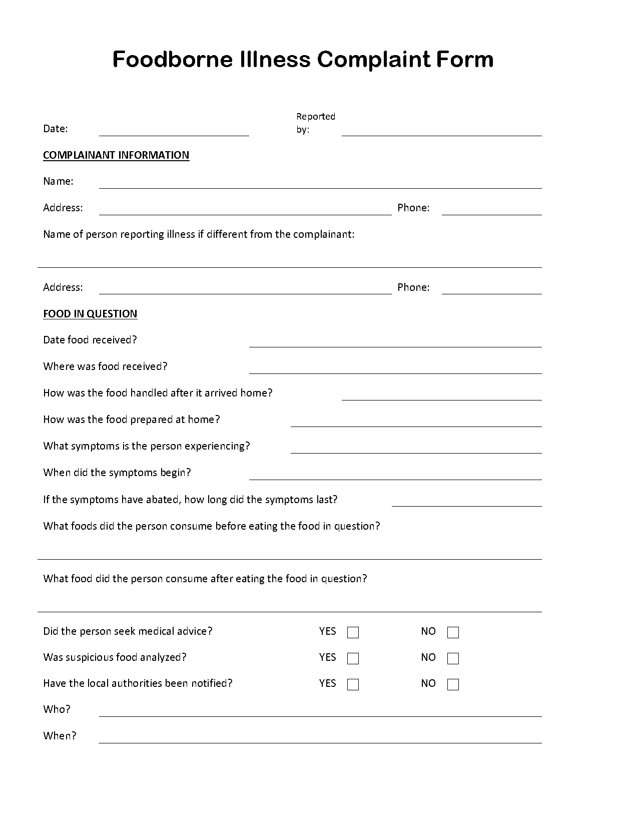 foodborne illness complaint form