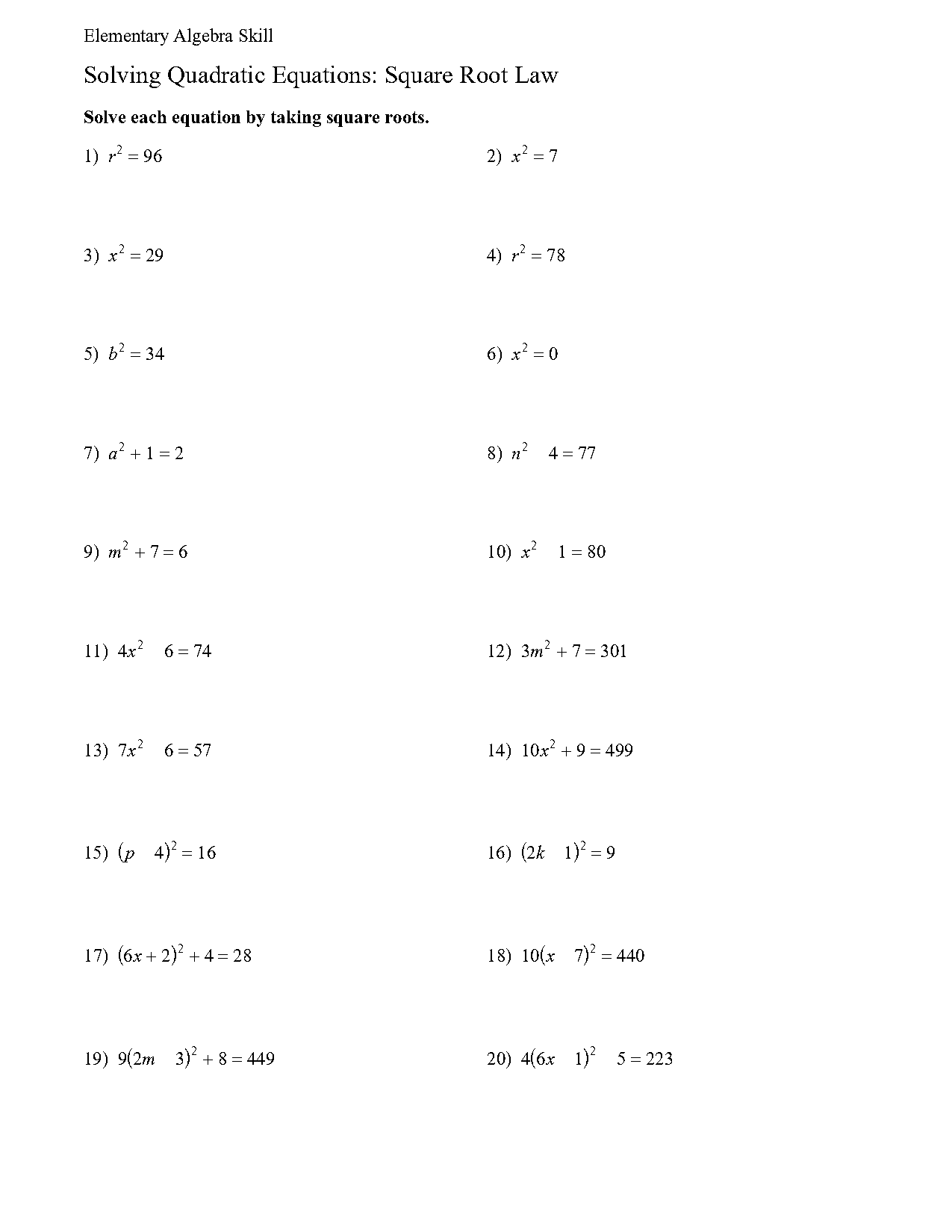 solving quadratic equations by square roots worksheet pdr