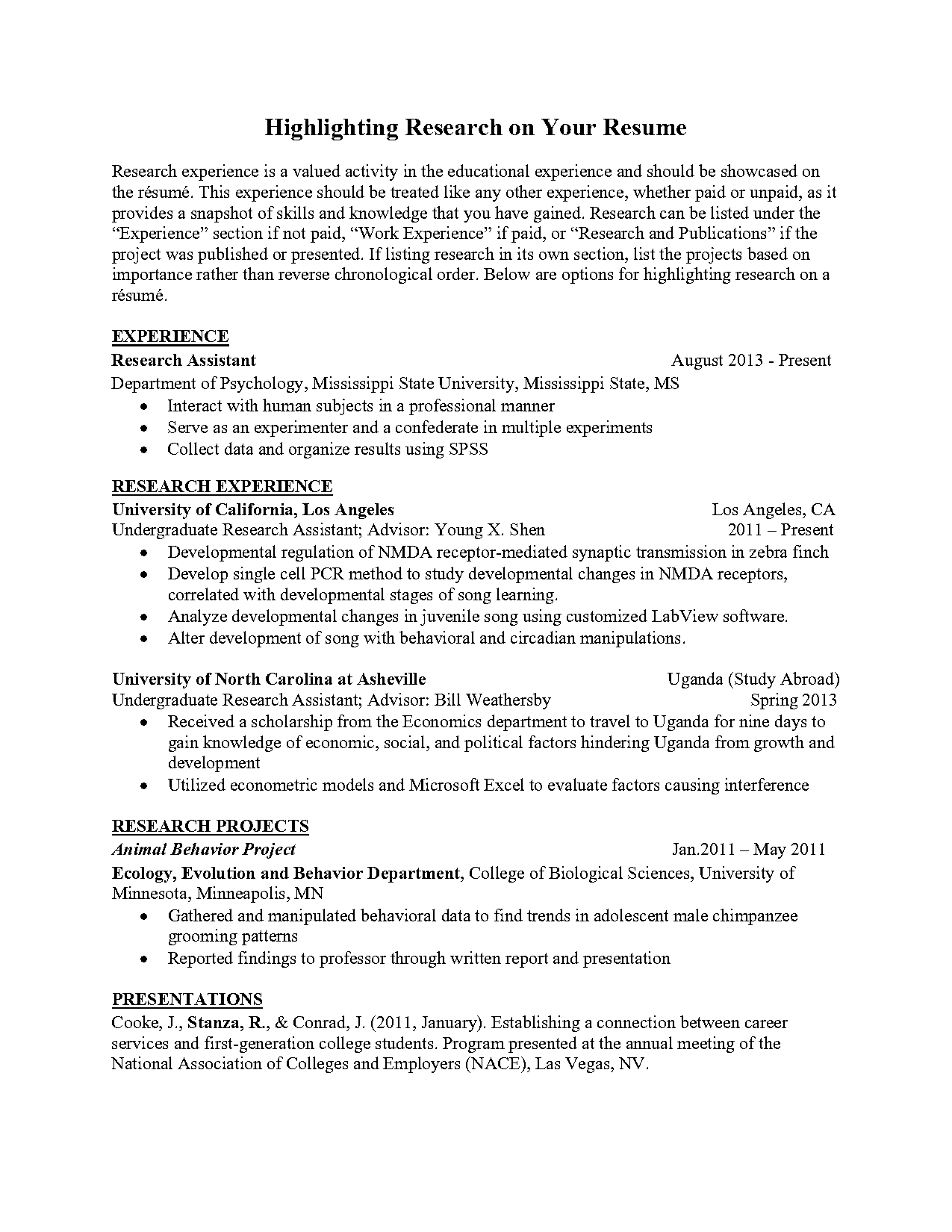 how to write research experience on resume