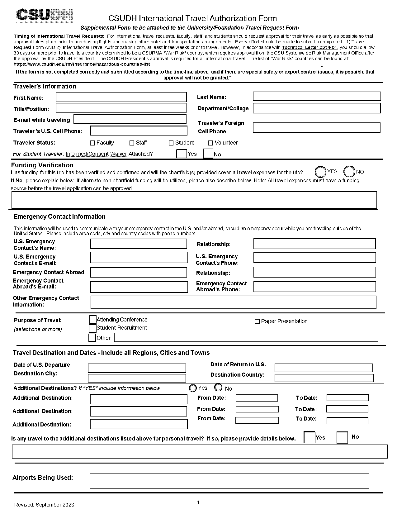 emergency contact form international travel