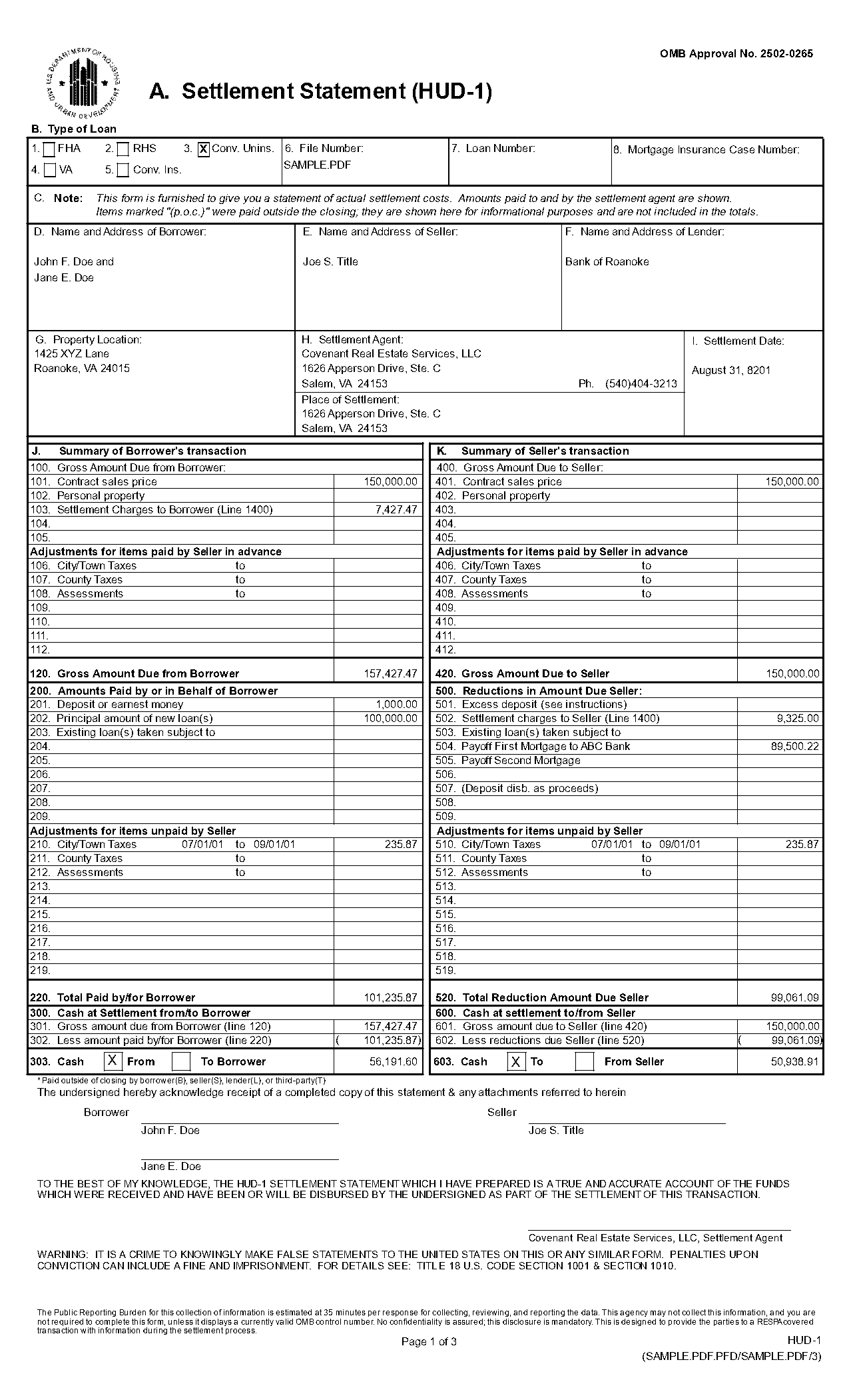 sample completed hud statement