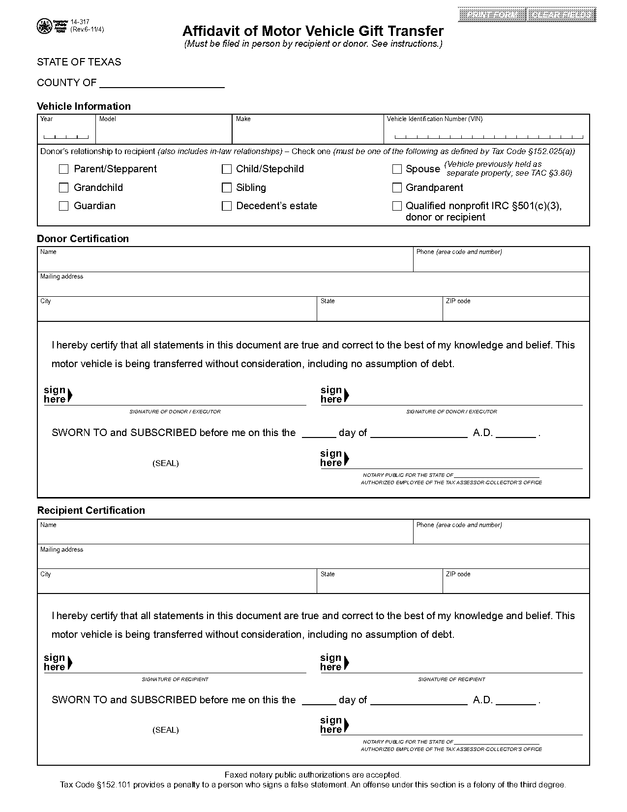 texas affidavit of vehicle transfer