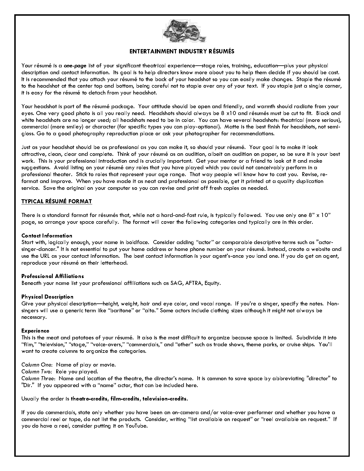 resume for performing arts school