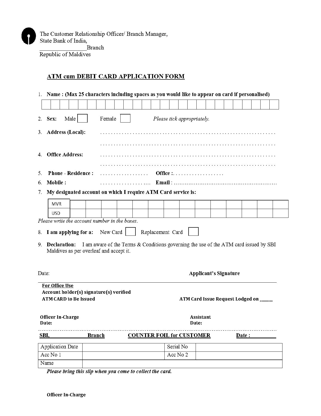 sbi atm card application form sample