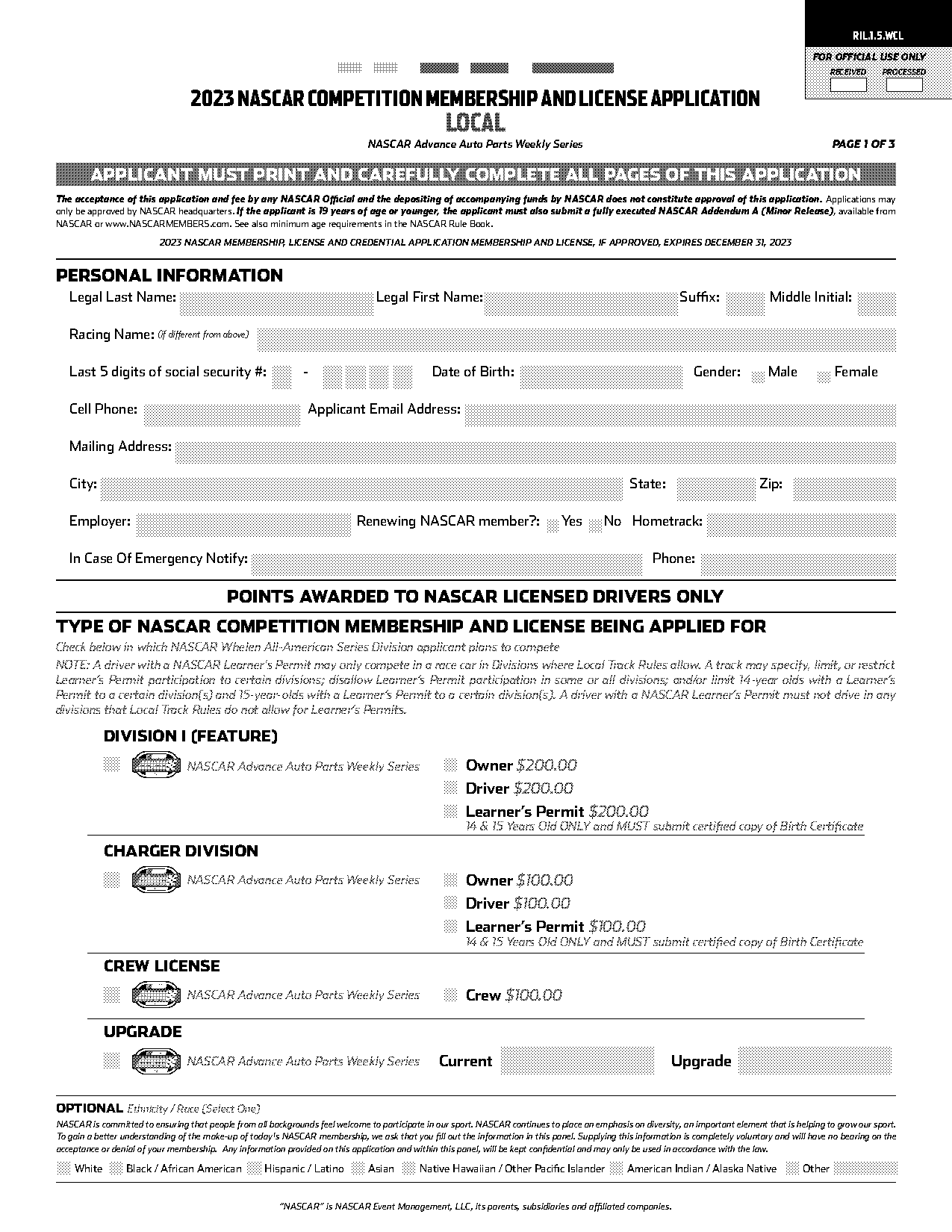 nascar crew license application