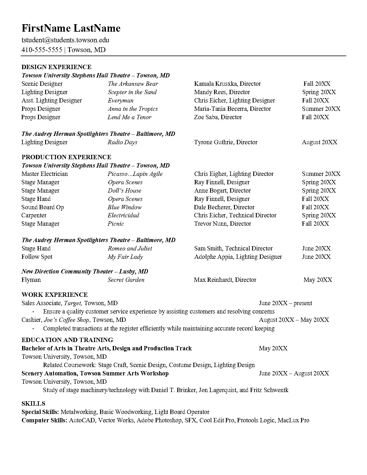 resume for performing arts school